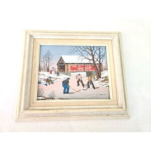 Vintage C Carlson Coca Cola Children On Ice Framed Print 14.75" x 12.75"